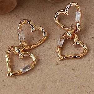 Cubic Zirconia Double Heart Dropped Earrings